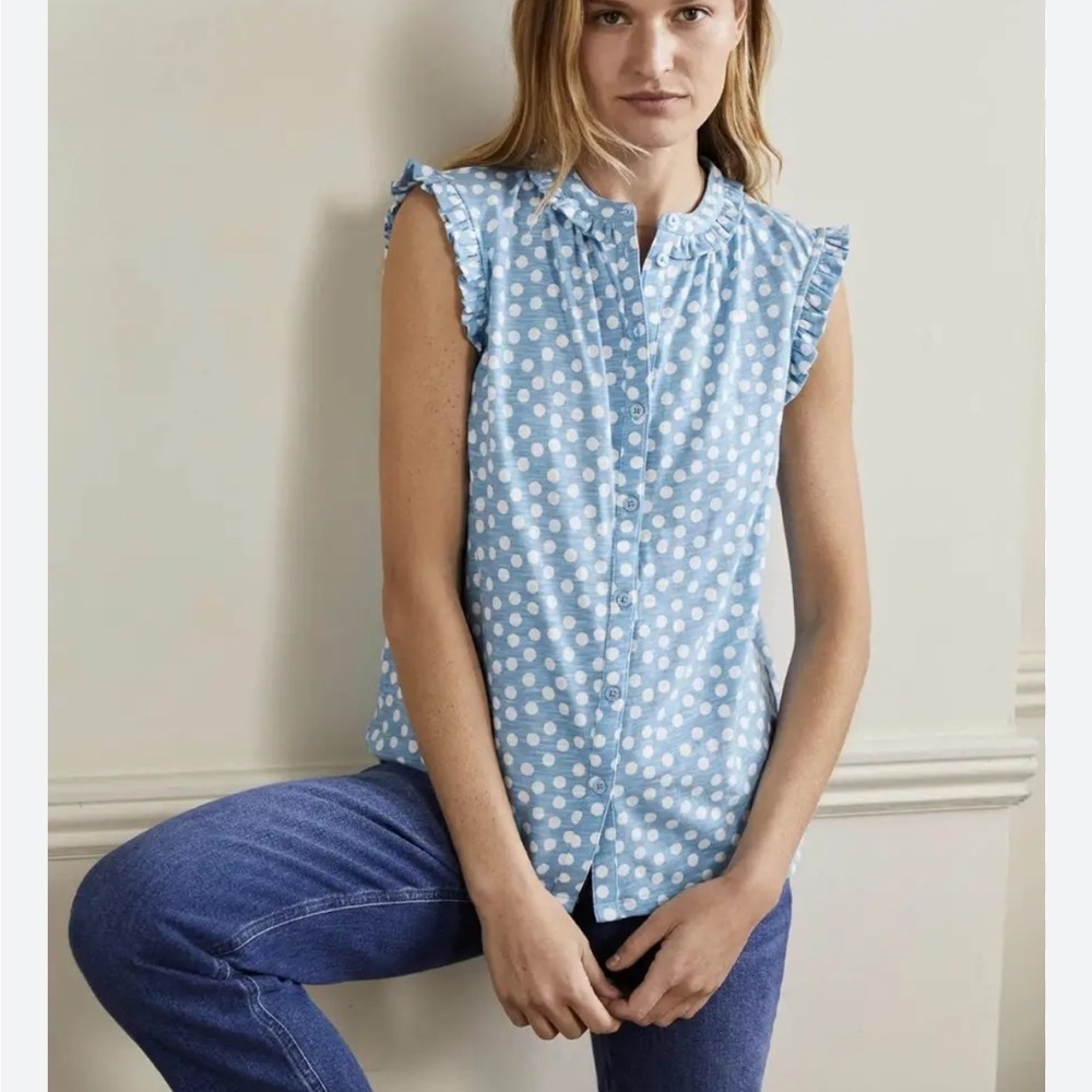 Boden Polka Dot Ruffle Sleeveless Coastal Cotton Shirt Top